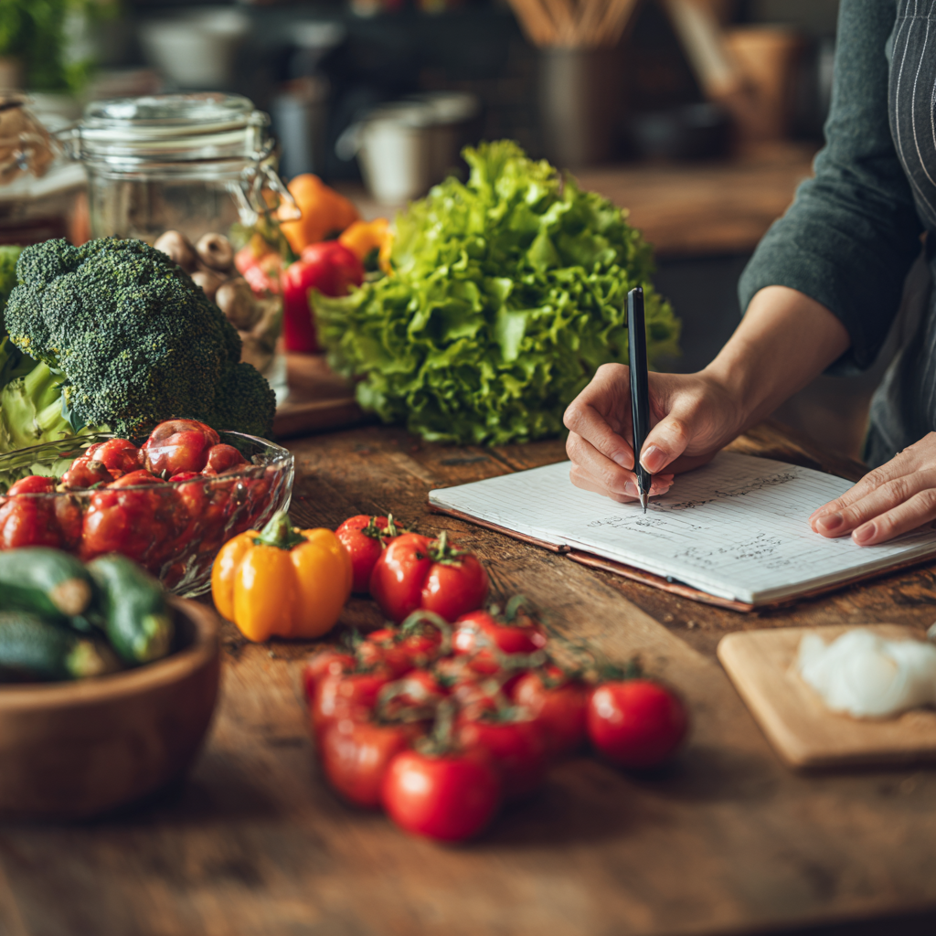 Adult person preparing nutritious meal with fresh vegetables and planning weekly menu